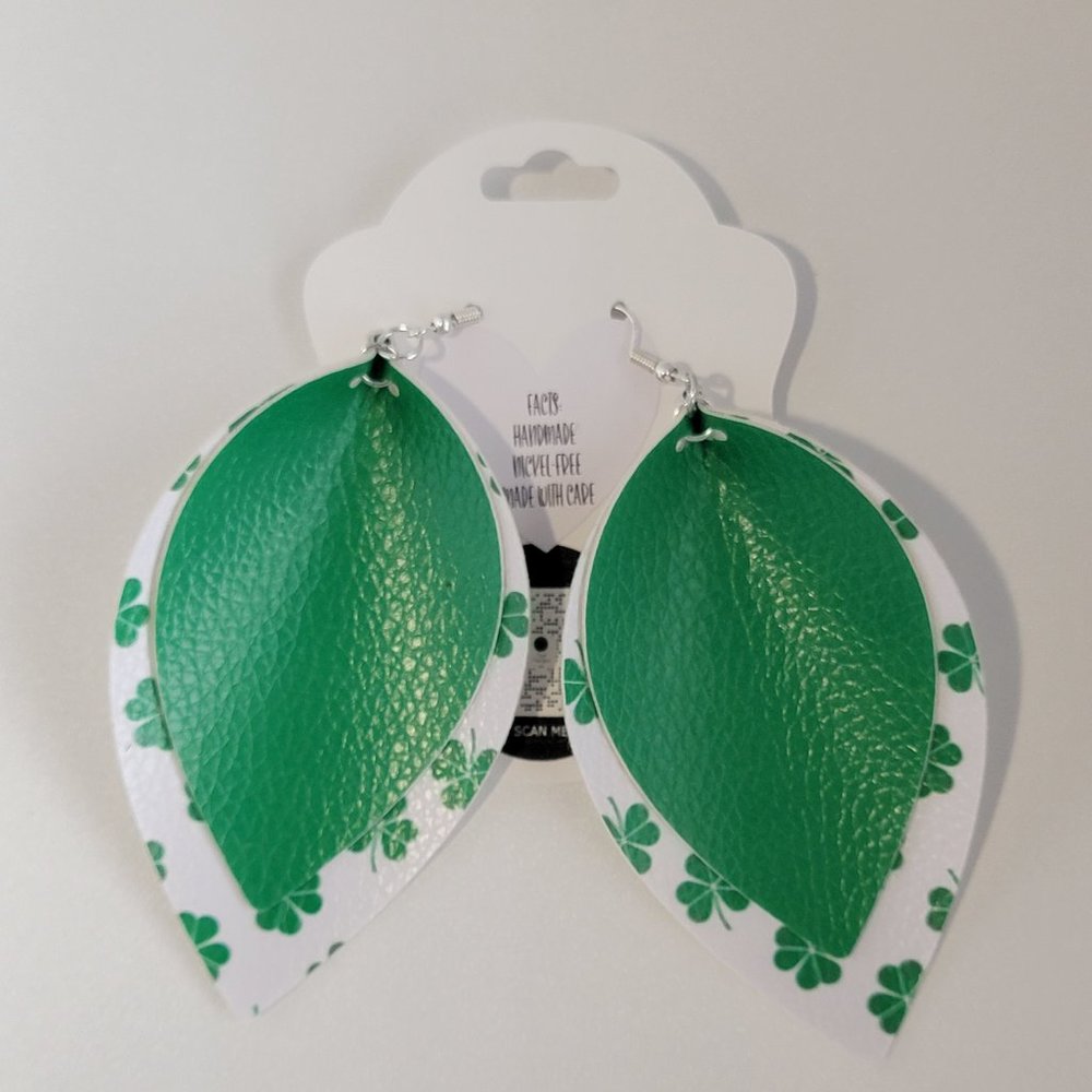 St. Patrick's Day 2-Layered 4-Leaf Clover Green Faux Leather Earrings